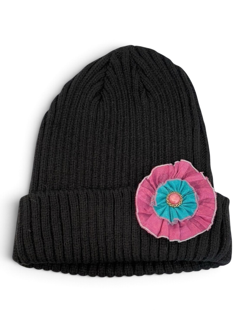 Black Knit Beanie with Flower